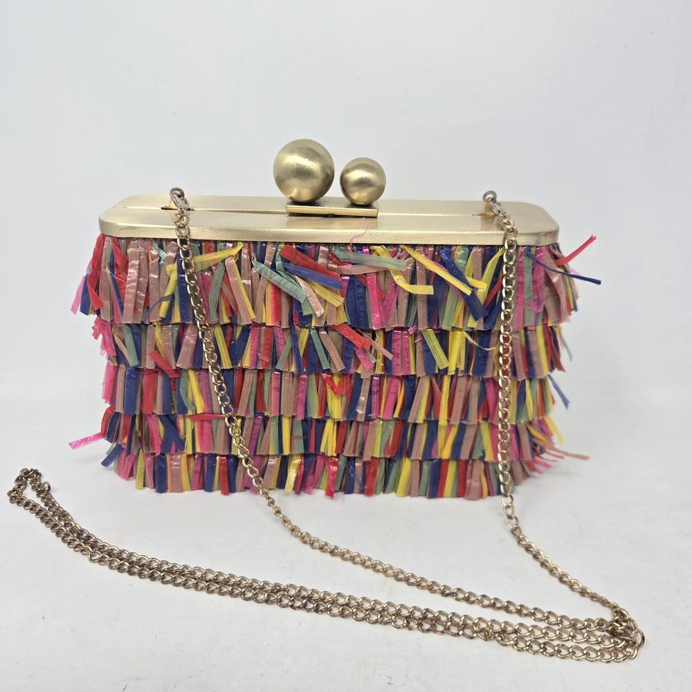 Olga Berg Multi Color Fringe Woven Straw Clutch Gold Tone Chain Crossbody Bag